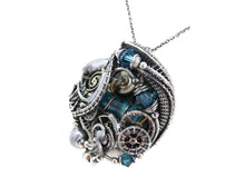 Load image into Gallery viewer, Blue Spirit Level Steampunk Pendant with Swarovski Crystal, Wire-Wrapped in Sterling Silver, Copper, with Stainless Steel Watch Gears
