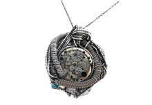 Load image into Gallery viewer, Blue Spirit Level Steampunk Pendant with Swarovski Crystal, Wire-Wrapped in Sterling Silver, Copper, with Stainless Steel Watch Gears