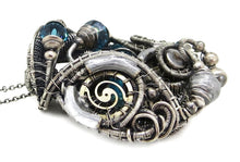 Load image into Gallery viewer, Blue Spirit Level Steampunk Pendant with Swarovski Crystal, Wire-Wrapped in Sterling Silver, Copper, with Stainless Steel Watch Gears