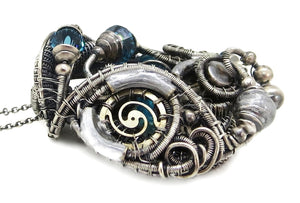 Blue Spirit Level Steampunk Pendant with Swarovski Crystal, Wire-Wrapped in Sterling Silver, Copper, with Stainless Steel Watch Gears