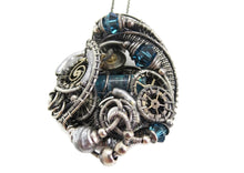 Load image into Gallery viewer, Blue Spirit Level Steampunk Pendant with Swarovski Crystal, Wire-Wrapped in Sterling Silver, Copper, with Stainless Steel Watch Gears