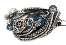 Load image into Gallery viewer, Blue Spirit Level Steampunk Pendant with Swarovski Crystal, Wire-Wrapped in Sterling Silver, Copper, with Stainless Steel Watch Gears