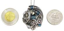 Load image into Gallery viewer, Blue Spirit Level Steampunk Pendant with Swarovski Crystal, Wire-Wrapped in Sterling Silver, Copper, with Stainless Steel Watch Gears