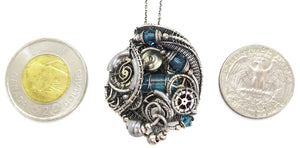 Blue Spirit Level Steampunk Pendant with Swarovski Crystal, Wire-Wrapped in Sterling Silver, Copper, with Stainless Steel Watch Gears