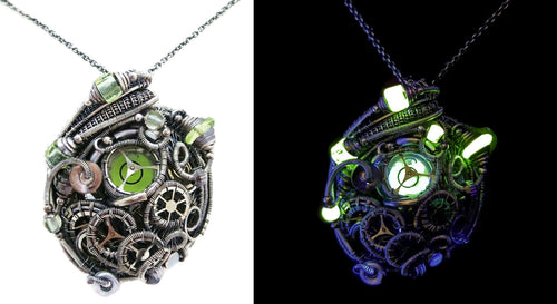 Yellow Disc Spirit Level Steampunk Pendant with UV-Reactive Glass, Wire-Wrapped in Sterling Silver