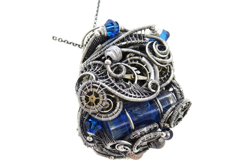 Blue Spirit Level Steampunk Pendant with Swarovski Crystal, Wire-Wrapped in Sterling Silver