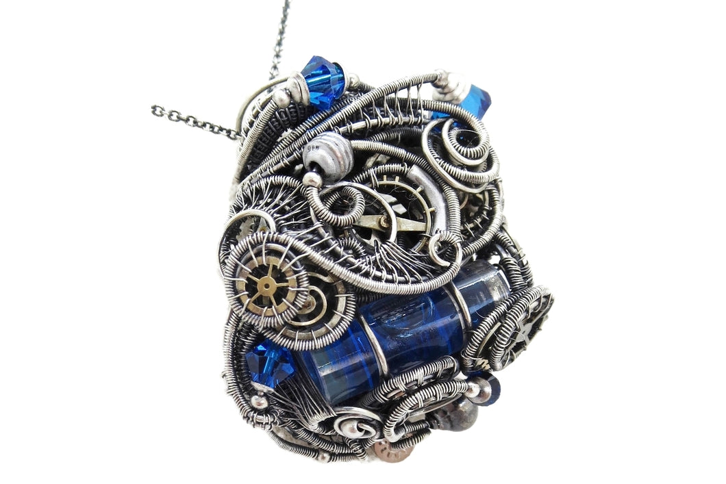Blue Spirit Level Steampunk Pendant with Swarovski Crystal, Wire-Wrapped in Sterling Silver
