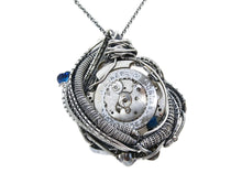 Load image into Gallery viewer, Blue Spirit Level Steampunk Pendant with Swarovski Crystal, Wire-Wrapped in Sterling Silver