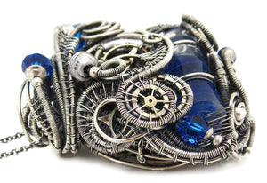 Blue Spirit Level Steampunk Pendant with Swarovski Crystal, Wire-Wrapped in Sterling Silver