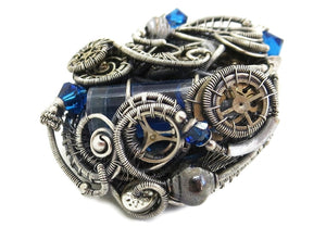 Blue Spirit Level Steampunk Pendant with Swarovski Crystal, Wire-Wrapped in Sterling Silver