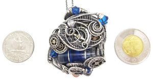Blue Spirit Level Steampunk Pendant with Swarovski Crystal, Wire-Wrapped in Sterling Silver