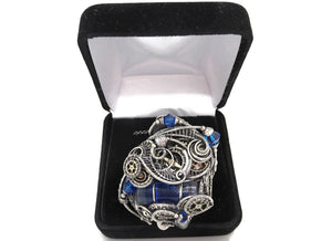 Blue Spirit Level Steampunk Pendant with Swarovski Crystal, Wire-Wrapped in Sterling Silver