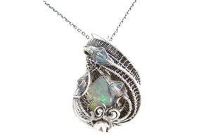 Lab-Created Opal Wire-Wrapped Pendant in Sterling Silver with Austrian Crystal