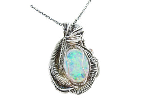 Lab-Created Opal Wire-Wrapped Pendant in Sterling Silver with Austrian Crystal