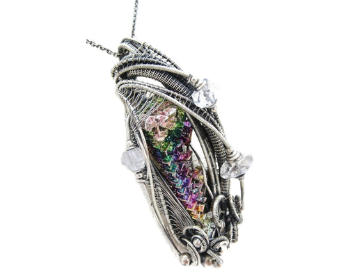 Bismuth Crystal Pendant with Herkimer Diamonds in Sterling Silver and Watch Gear Accents