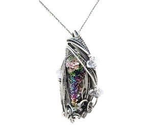 Bismuth Crystal Pendant with Herkimer Diamonds in Sterling Silver and Watch Gear Accents