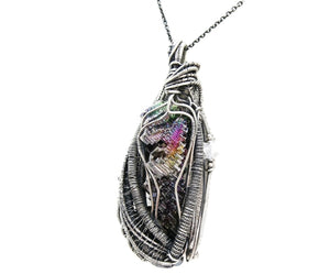 Bismuth Crystal Pendant with Herkimer Diamonds in Sterling Silver and Watch Gear Accents