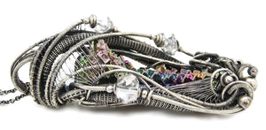 Bismuth Crystal Pendant with Herkimer Diamonds in Sterling Silver and Watch Gear Accents