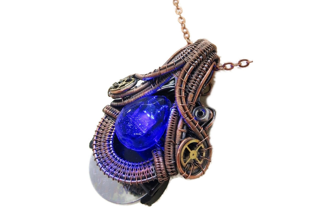 Steampunk Resin Gem Pendant with LED in Deep Blue, Wire-Wrapped in Bronze