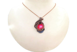 Steampunk Resin Gem Pendant with Light in Crimson, Wire-Wrapped in Bronze