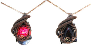 Steampunk Resin Gem Pendant with Light in Crimson, Wire-Wrapped in Bronze
