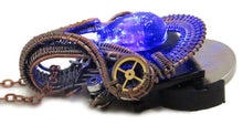 Load image into Gallery viewer, Steampunk Resin Gem Pendant with LED in Deep Blue, Wire-Wrapped in Bronze