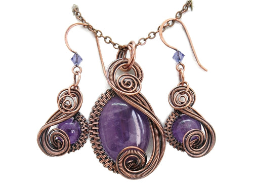 Amethyst Wire-Wrapped Necklace and Earrings Set in Bronze with Swarovski Crystal, 