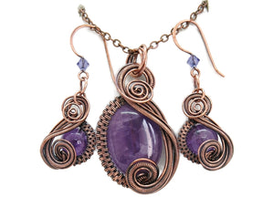 Amethyst Wire-Wrapped Necklace and Earrings Set in Bronze with Swarovski Crystal, "Swish" Model