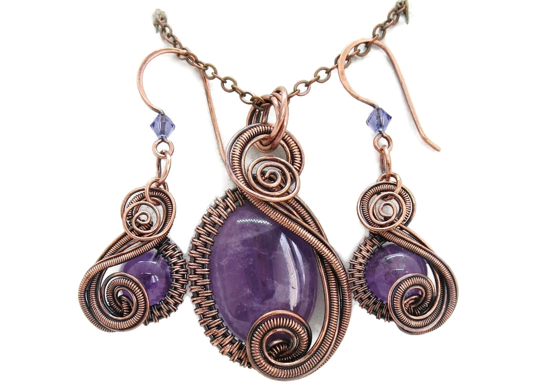 Amethyst Wire-Wrapped Necklace and Earrings Set in Bronze with Swarovski Crystal, 