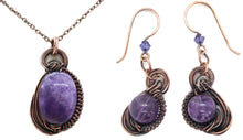 Load image into Gallery viewer, Amethyst Wire-Wrapped Necklace and Earrings Set in Bronze with Swarovski Crystal, &quot;Swish&quot; Model