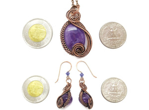 Amethyst Wire-Wrapped Necklace and Earrings Set in Bronze with Swarovski Crystal, "Swish" Model