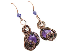 Load image into Gallery viewer, Amethyst Wire-Wrapped Necklace and Earrings Set in Bronze with Swarovski Crystal, &quot;Swish&quot; Model