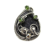 Load image into Gallery viewer, Black Tektite Pendant with Peridot, Sterling Silver Wire Wrap