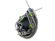 Load image into Gallery viewer, Black Tektite (Meteorite Impactite) Pendant Necklace in Antiqued Sterling Silver with Peridot