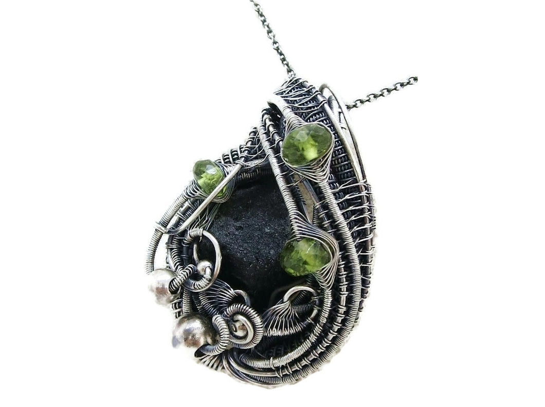 Black Tektite (Meteorite Impactite) Pendant Necklace in Antiqued Sterling Silver with Peridot