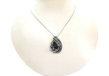 Load image into Gallery viewer, Black Tektite (Meteorite Impactite) Pendant Necklace in Antiqued Sterling Silver with Peridot