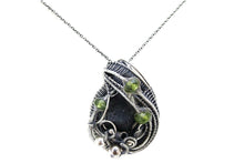 Load image into Gallery viewer, Black Tektite (Meteorite Impactite) Pendant Necklace in Antiqued Sterling Silver with Peridot