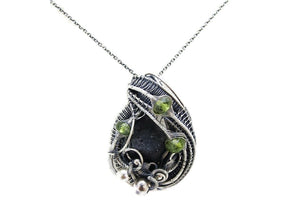 Black Tektite (Meteorite Impactite) Pendant Necklace in Antiqued Sterling Silver with Peridot