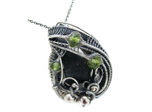 Load image into Gallery viewer, Black Tektite (Meteorite Impactite) Pendant Necklace in Antiqued Sterling Silver with Peridot