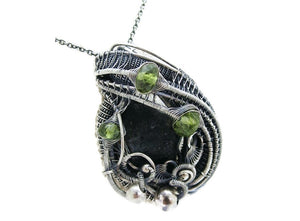 Black Tektite (Meteorite Impactite) Pendant Necklace in Antiqued Sterling Silver with Peridot