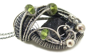 Black Tektite (Meteorite Impactite) Pendant Necklace in Antiqued Sterling Silver with Peridot