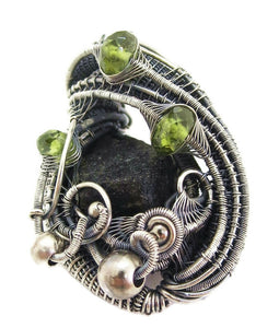 Black Tektite (Meteorite Impactite) Pendant Necklace in Antiqued Sterling Silver with Peridot