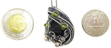 Load image into Gallery viewer, Black Tektite (Meteorite Impactite) Pendant Necklace in Antiqued Sterling Silver with Peridot