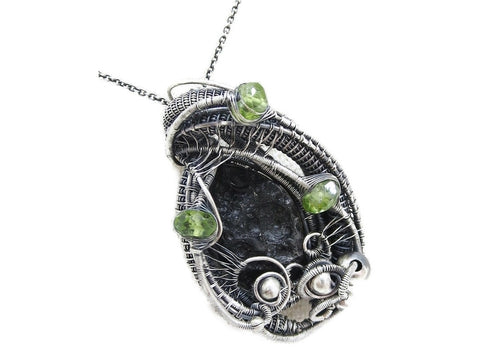 Black Tektite Pendant with Peridot, Sterling Silver Wire Wrap