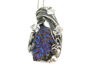Titanium Aura Kyanite Fan Pendant, Wire-Wrapped in Sterling Silver with Herkimer Diamonds