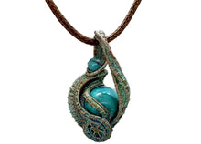 Load image into Gallery viewer, Verdigris Gemstone Steampunk Pendant: Copper Wire Wrap, Swirl Model