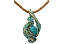 Load image into Gallery viewer, Verdigris Gemstone Steampunk Pendant: Brass Wire Wrap, Swirl Model