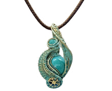 Load image into Gallery viewer, Verdigris Gemstone Steampunk Pendant: Brass Wire Wrap, Swirl Model