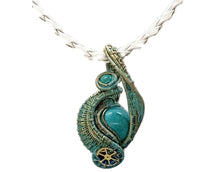 Load image into Gallery viewer, Verdigris Gemstone Steampunk Pendant: Brass Wire Wrap, Swirl Model