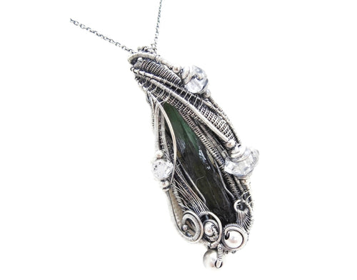 Vivianite Crystal Wire-Wrapped Pendant in Sterling Silver with Herkimer Diamonds